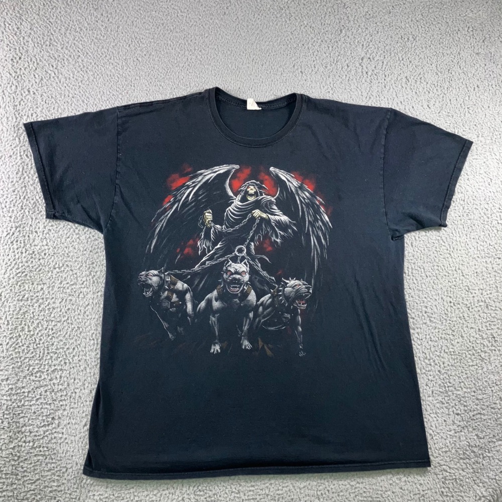 VTG Fruit of the Loom Graphic Tee Men XL Black Grim Reaper Dogs Grunge Goth y2kโ